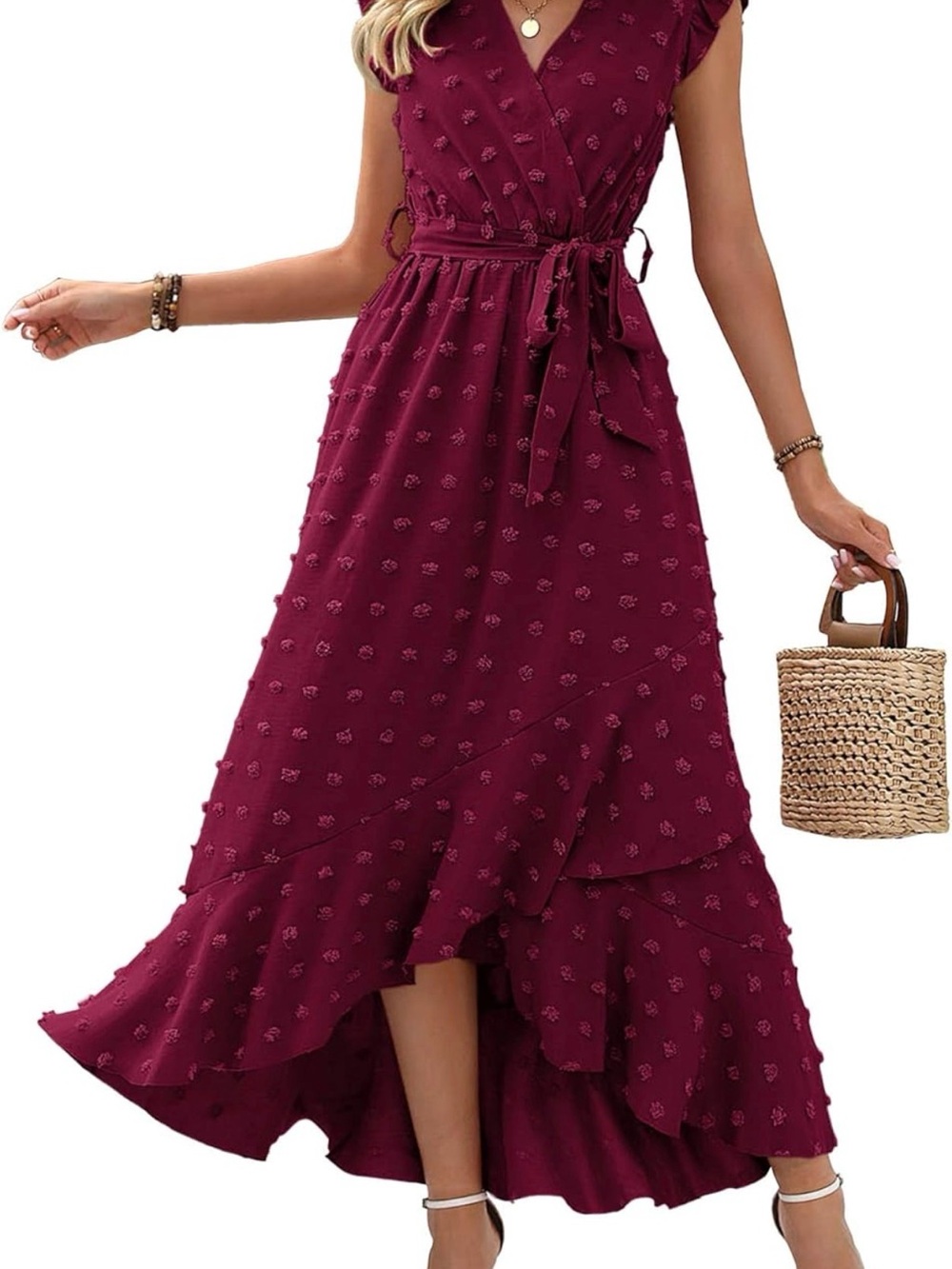Boho Burgundy Ruffle Sleeve Wrap Maxi Dress in Wine